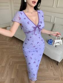 Đầm dự tiệc ngắn thanh lịch cổ chữ V, eo xoắn, in họa tiết toàn thân dành cho nữ. - Màu tím - Xem 4