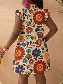 Slaydiva New Spring/Summer Plus-Size Women's Vacation Shirt Dress/Casual Minimalist Women's Mini Shirt Dress/Puff Sleeve/A-Line Dress/Vacation/Travel/Music Festival/Western Style/Nomadic Style/Cruise Travel/Beach/Sunbathing/Fashion Influencer Style/Abstract Floral Graphic Print - Multicolor - View 3
