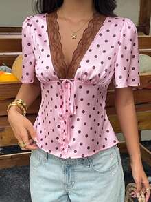 SHEIN EZwear Áo kiểu satin buộc dây phối ren in chấm bi thời trang nữ - Hồng - Xem 8