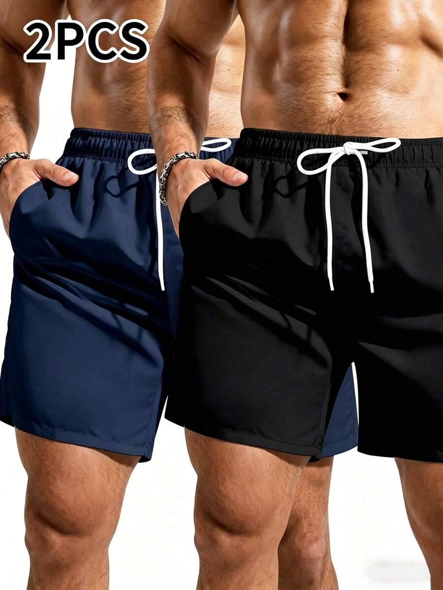 Manfinity Swimmode Plus Size Men's Summer Drawstring Waist Beach Shorts - Black - View 1