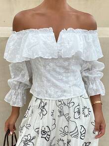 DAZY Elegant Casual Off Shoulder Lace White Blouse For Women, Spring & Summer Boho Vacation Outfits Women - White - View 4