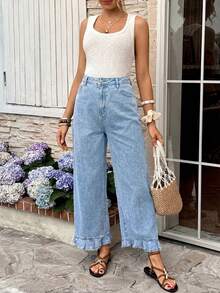 SHEIN Quần jean denim dáng rộng cho bà bầu, có bèo nhún ở gấu quần. - Rửa nhẹ - Xem 3