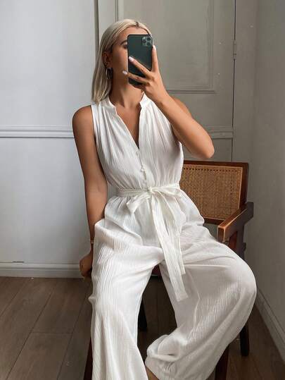 DAZY Bộ áo liền quần nữ màu trơn, thắt eo, kiểu dáng thường ngày, thích hợp mặc ở nhà.