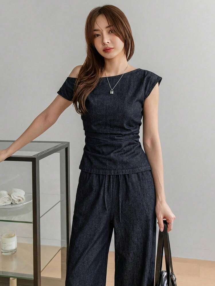 Women's Solid Color Asymmetric Collar Short Sleeve Top And Long Pants Casual Denim Suit Summer