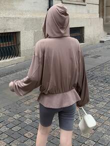 DAZY 女士休闲甜美文艺风连帽宽松度假时尚街头沙滩荷叶边拼接长袖外套轻薄户外防晒上衣，适合夏季、春季和秋季穿着 - 棕色 - 查看 13