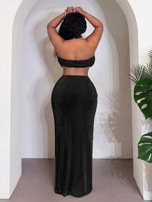 Slaydiva Women's Black,Autumn,Elegant,Formal,Evening,Night Out Club Long Dress,Halter Strappy Waist Back Exposed Hip Pleated Bohemian Cruise Party-A - Black - View 3