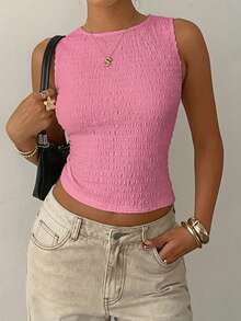 Aloruh Women's Casual Crew Neck Sleeveless Textured Knit Cropped Tank Top In White,Summer Top - Baby Pink - View 6