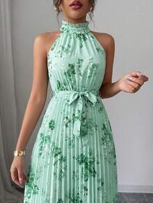 Elenzga Gaun Tanpa Lengan Model Halter Model A-Line Motif Bunga Elegan dan Romantis untuk Wanita - MultiWarna - View 6