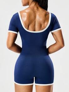 Seamluxe SHEIN Sport Seamless Contrast Trim Sports Shorts Activewear Romper Athletic Romper Fitness Romper Workout Romper Ribbed Romper Women Workout Set Navy Workout Clothes Women Gym Clothes Gym Clothes Women Training Suit Women Women Gym Clothes Women Training Suit Athletic Wear Women - Navy Blue - View 5