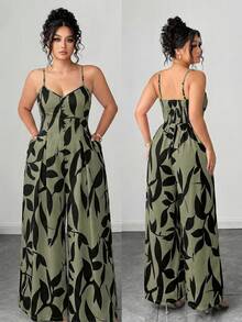 Elenzga Bộ jumpsuit nữ cỡ lớn thanh lịch in hoa, dây đeo có thể điều chỉnh, eo thắt, thích hợp cho đầu mùa xuân. - Màu xanh lá cây đậm - Xem 1