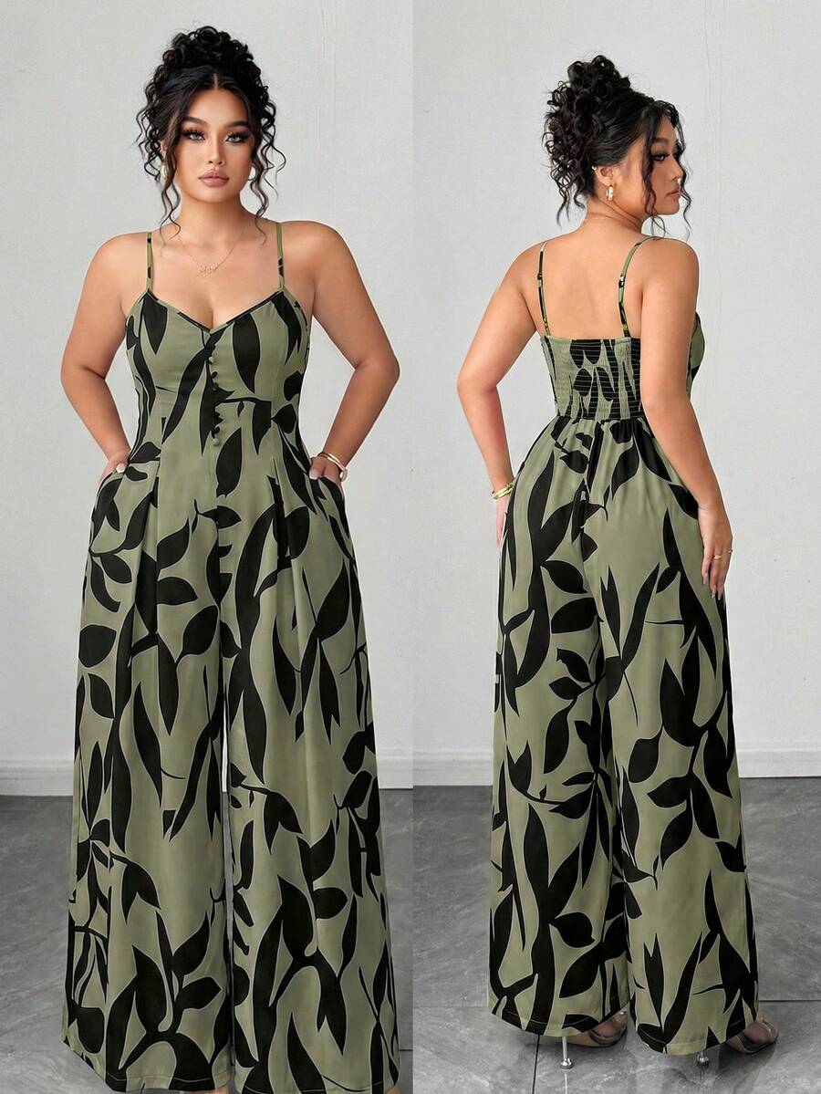 Elenzga Bộ jumpsuit nữ cỡ lớn thanh lịch in hoa, dây đeo có thể điều chỉnh, eo thắt, thích hợp cho đầu mùa xuân. - Màu xanh lá cây đậm - Xem 1