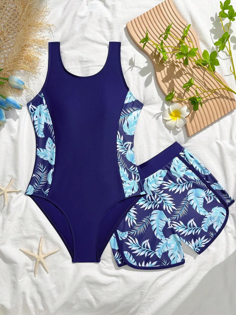 SHEIN Einteiler Badeanzug für Teenager Mädchen, digitaler Muster marineblau Palmenblatt Muster, Strickstoff, rückenfreier Seitenschlitz Einteiler mit passenden Dreieck Bikinihose und Badeshorts, modisches, lässiges, elegantes Design, geeignet für Schwimmen, Urlaub, Strand, Pool im Sommer - Verschiedenfarbig - Übersicht 1
