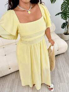 Solflare Romantic Ruffle Sleeve Dress With Pleated Bust Decor, A-Line Silhouette, Flowy Hem, Yellow, Suitable For Vacation, Plus Size - Yellow - View 5