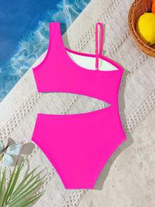 SHEIN Playful Pals Baby Girls' Beachwear,Cute Infant Patchwork Knit Fabric Swimsuit With Shoulder Straps,Waist Hollow Design One-Piece Triangle Swimwear For Summer Pool - Multicolor - View 2