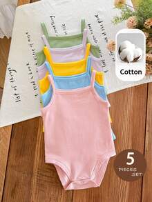 SHEIN 5pcs/Set Unisex Baby Casual Minimalist Knitted Comfortable Elastic Solid Color Romper Bodysuit, Suitable For Summer - Multicolor - View 3