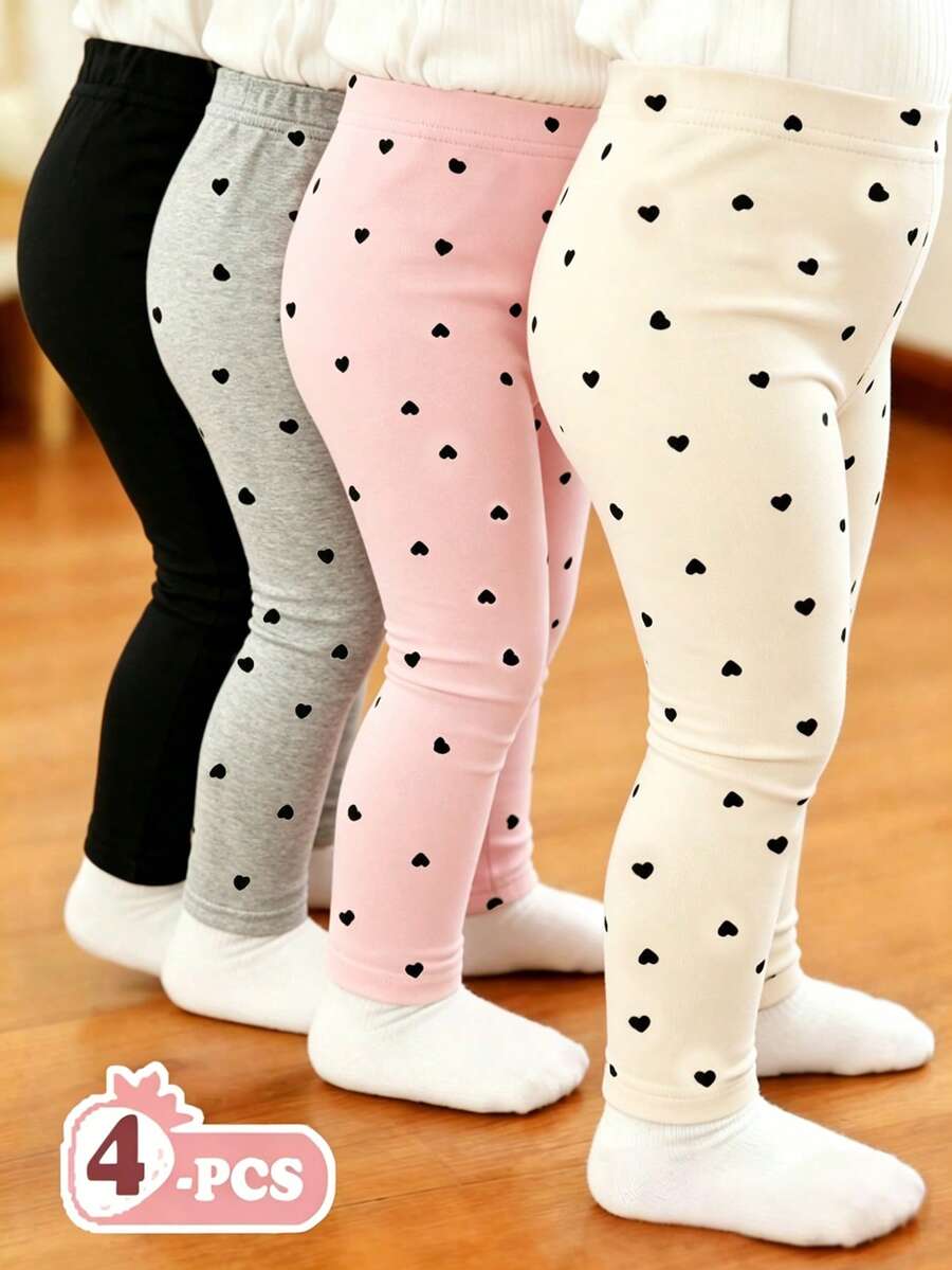 SHEIN Playful Pals 4件套女婴纯色弹力腰带打底裤/长裤/紧身裤,婴儿下装套装,可爱爱心印花设计,百搭甜美,春夏装扮,舒适透气,时尚女童套装,休闲穿着,儿童花卉图案服装,春夏套装,新款,清凉舒适,春日气息,暑假必备 - 彩色 - 查看 1