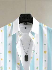 Manfinity Homme Áo sơ mi nam tay ngắn kẻ sọc xanh trắng họa tiết hoa nhí, áo sơ mi mùa hè kẻ sọc họa tiết hoa nhí, áo sơ mi mùa hè kẻ sọc họa tiết hoa nhí thường ngày. - Nhiều màu - Xem 4