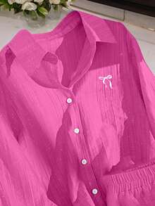 Airaco Conjunto de camisa y pantalones cortos de talla grande para mujer con bordado de mariposa 2026 - Rosa Fucsia - Ver 3