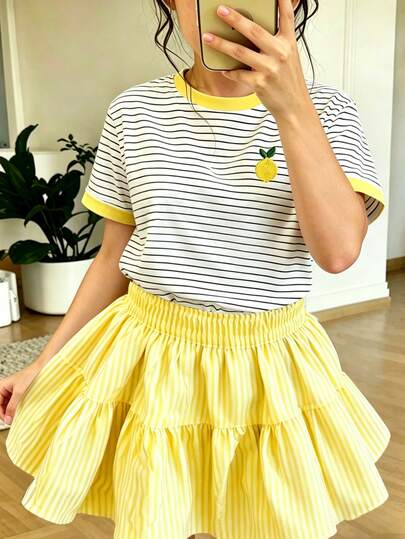 Young Girls' New SS26 Fashion Casual Comfortable Vacation Yellow Striped Contrast Collar & Cuffs, Faux Embroidered Lemon Print, Short Sleeve Round Neck T-Shirt, Suitable For In Summer