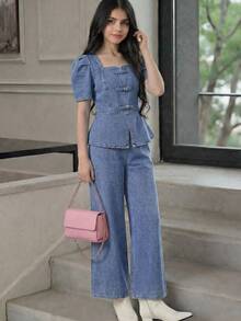 Teenager Mädchen Y2K Chic Elegantes Vintage Quadratischer Ausschnitt Blaues Denim Kurzarm Crop Top und Baggy Weite Beine Jeans Zweiteiler Set, für Frühling Sommer, Lässig und Vielseitig für Mädchen Alltagskleidung und Streetwear Outfits, Denim Sommerkleidung, Elegante Festival Outfits, Abschluss, Schulanfang Urlaub - Mittele Waschung - Übersicht 1