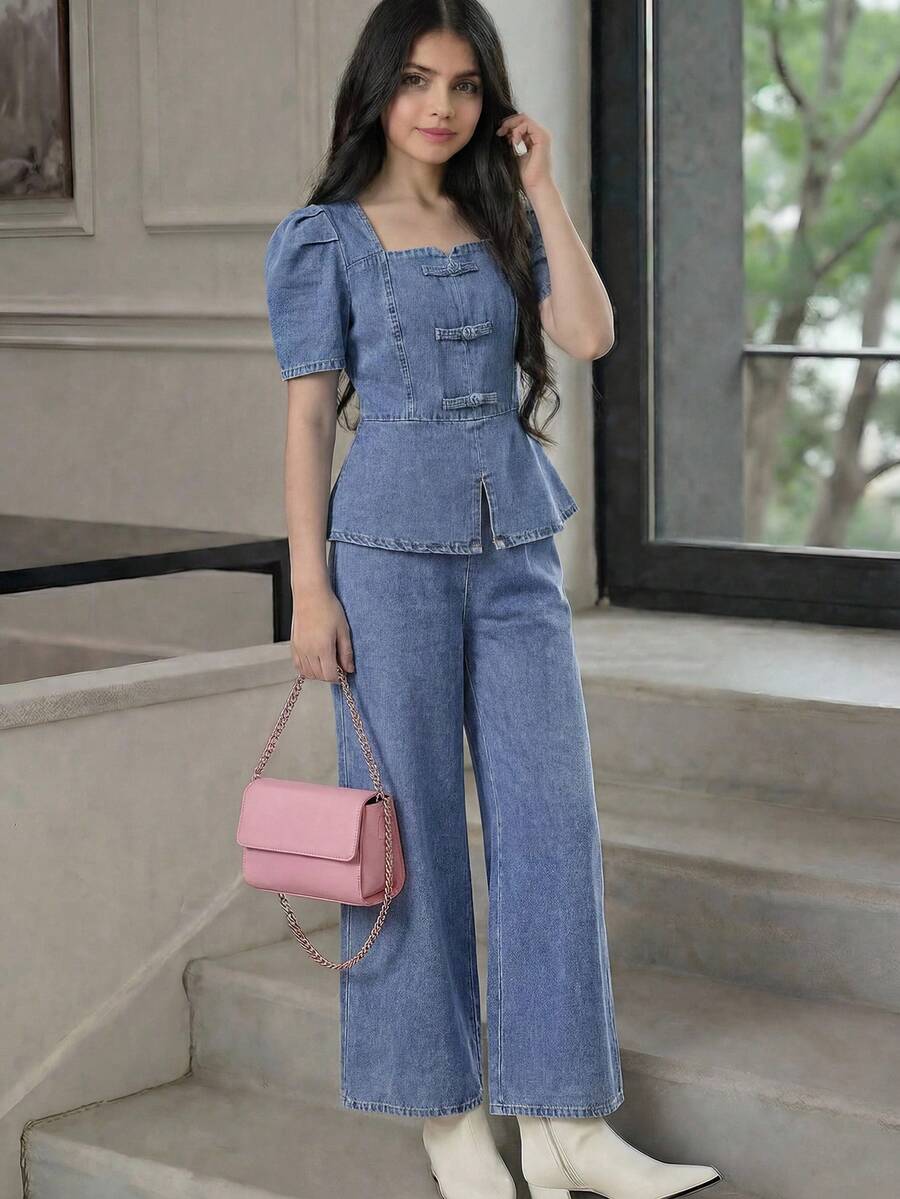 Teenager Mädchen Y2K Chic Elegantes Vintage Quadratischer Ausschnitt Blaues Denim Kurzarm Crop Top und Baggy Weite Beine Jeans Zweiteiler Set, für Frühling Sommer, Lässig und Vielseitig für Mädchen Alltagskleidung und Streetwear Outfits, Denim Sommerkleidung, Elegante Festival Outfits, Abschluss, Schulanfang Urlaub - Mittele Waschung - Übersicht 1
