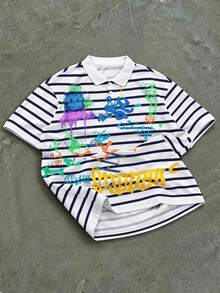 Manfinity EMRG 男士白色條紋 Polo 衫，抽象塗鴉藝術印花嘻哈上衣，短袖圖案 Polo 衫，夏季城市度假街頭休閒風 - 彩色 - 查看 5