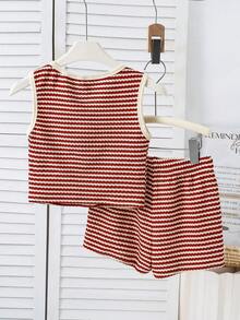 SHEIN مجموعة ملابس علوية وشورت مخطط أحمر وأبيض للبنات المراهقات، نسيج محبوك مزين بفيونكة، ملابس أساسية كاجوال للربيع/الصيف، مناسبة للعودة إلى المدرسة والمهرجانات والعطلات - الأحمر - مشاهدة 2