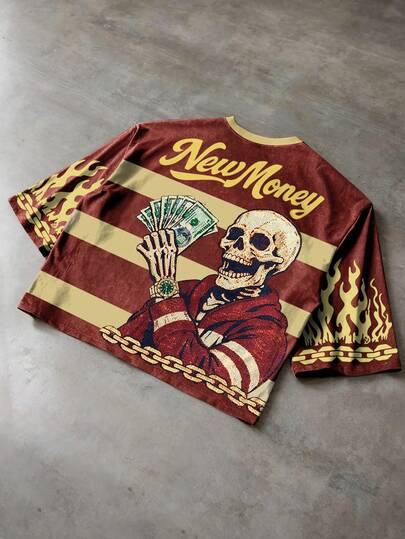 Manfinity EMRG Men's Summer Burgundy Yellow Striped T-Shirt New Money Letter Skeleton Skull Dollar Cash Flame Chain Graphic Print Vintage Y2K Streetwear Hip Hop Urban Goth Punk Short Sleeve Crew Neck Oversized Loose Fit Breathable Fashion Tee Top For Men,Men's Casual Colorblock Striped Skull Print T-Shirt, Summer