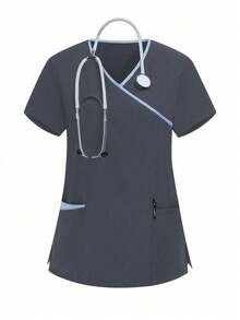 TaskEZ Solid Color Patchwork V-Neck Short Sleeve Top And Pants Scrub Uniform Set - Grey - View 3