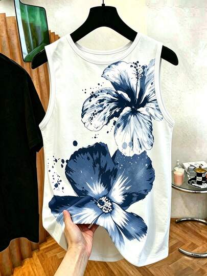 Glimmora Men's Floral Pattern Vest, Men's Casual Crew Neck Vest, Simple Attire, Machine Washable, Casual Wear.
