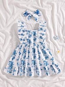 SHEIN Vintaside Kids White And Blue Floral Summer Boho Cute Vacation Holiday Baby Girl Halter Dress Ruffles A-Line Butterfly Breathable Outfits Clothes - Blue - View 2