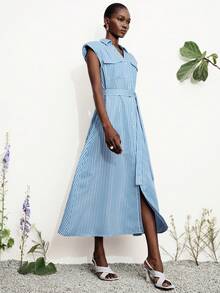 Aveloria Modichic Elegant Striped V-Neck Sleeveless Dress With Pockets, Waist Belt, Flattering Fit For Commute & Daily Wear - Blue - View 4