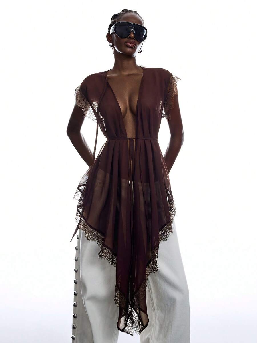 LYSMO Blusa transparente con bordado de encaje y lazo asimétrico de moda para mujer - Café integral - Ver 1