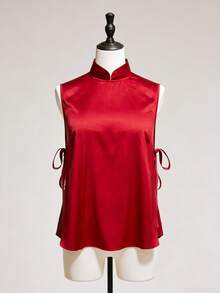 EMERY ROSE Plus Size New Chinese Style Cheongsam Collar, Decorated With Woven Ribbons On Both Sides Gym Brown Summer - Burgundy - View 6