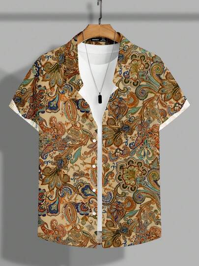 VIVINTIMO Men's Shirt With Persian Floral Pattern, Fashionable Casual All-Over Print Short Sleeve Collared Shirt, Regular Fit