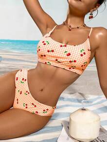 Swim Mod Plaid & Cherry Print Spaghetti Strap Bikini Swimwear - Orange - View 5