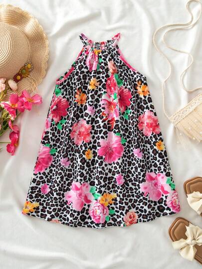 Emery Rose Kids Young Girl Pleated Ditsy Floral Sleeveless Casual Dress