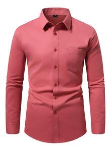 Manfinity Mode Men's Solid Color Patch Pocket Front Button Casual Long Sleeve Formal Shirt, Ceremony - Hot Pink - View 4