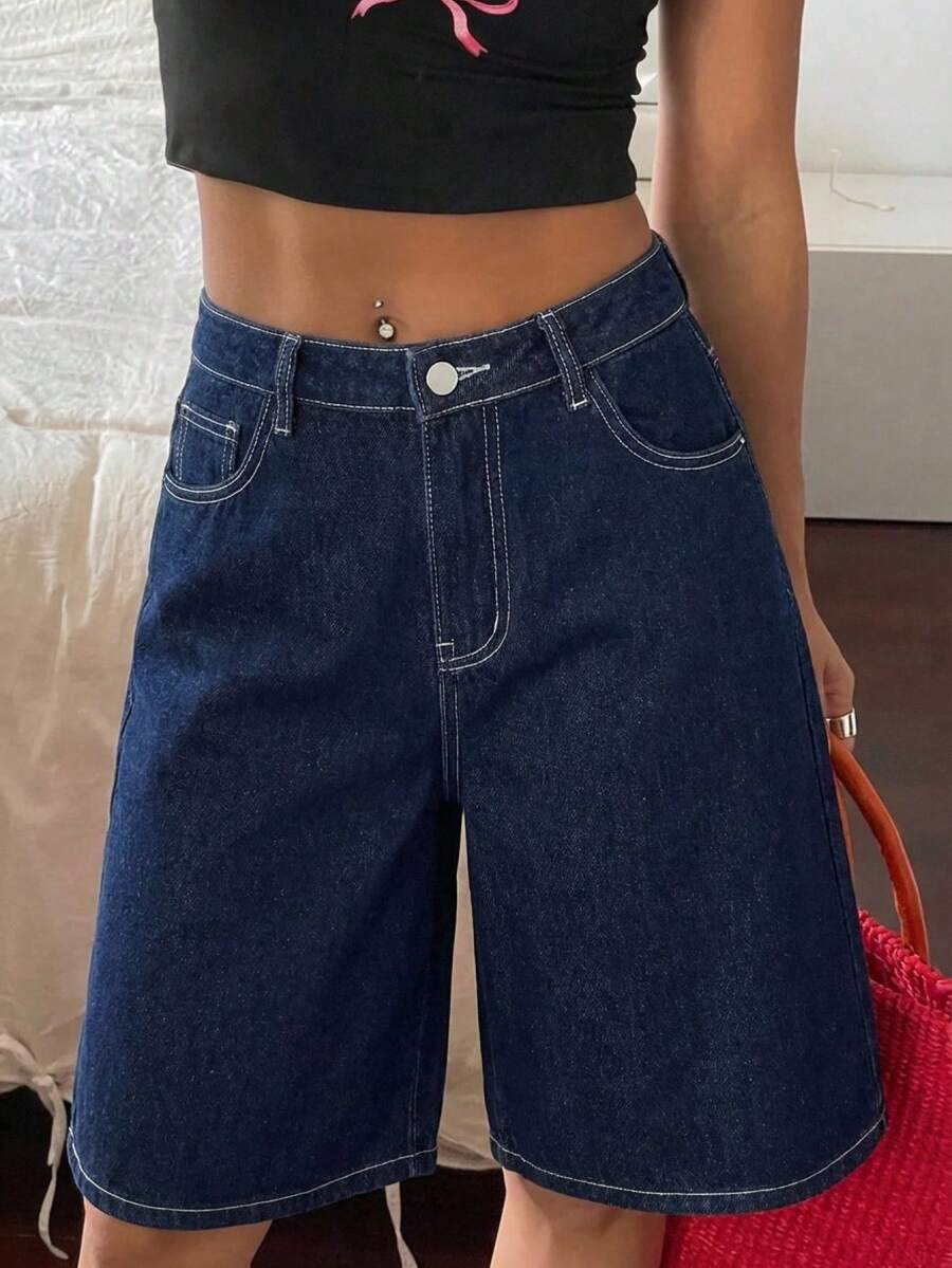 SHEIN Quần jeans ống rộng dài đến gối cho nữ teen, phong cách streetwear Y2K vintage retro thập niên 2000, màu wash, dáng boyfriend baggy, thiết kế phối đồ linh hoạt, mặc đi học mùa thu, mặc hàng ngày, đi rave festival và dạo phố mùa xuân hè - Màu xanh lam - Xem 1