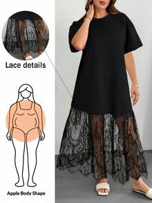SHEIN Essnce Plus-Size Long Dress For Women, 2 In 1 Dress, Lace Patchwork Dress, See-Through Women's Dress, White Dress,Summer Dresses For Women Graduation Dress Birthday Dresses For Women Holiday Dress White Dresses Classy Elegant - Black - View 2