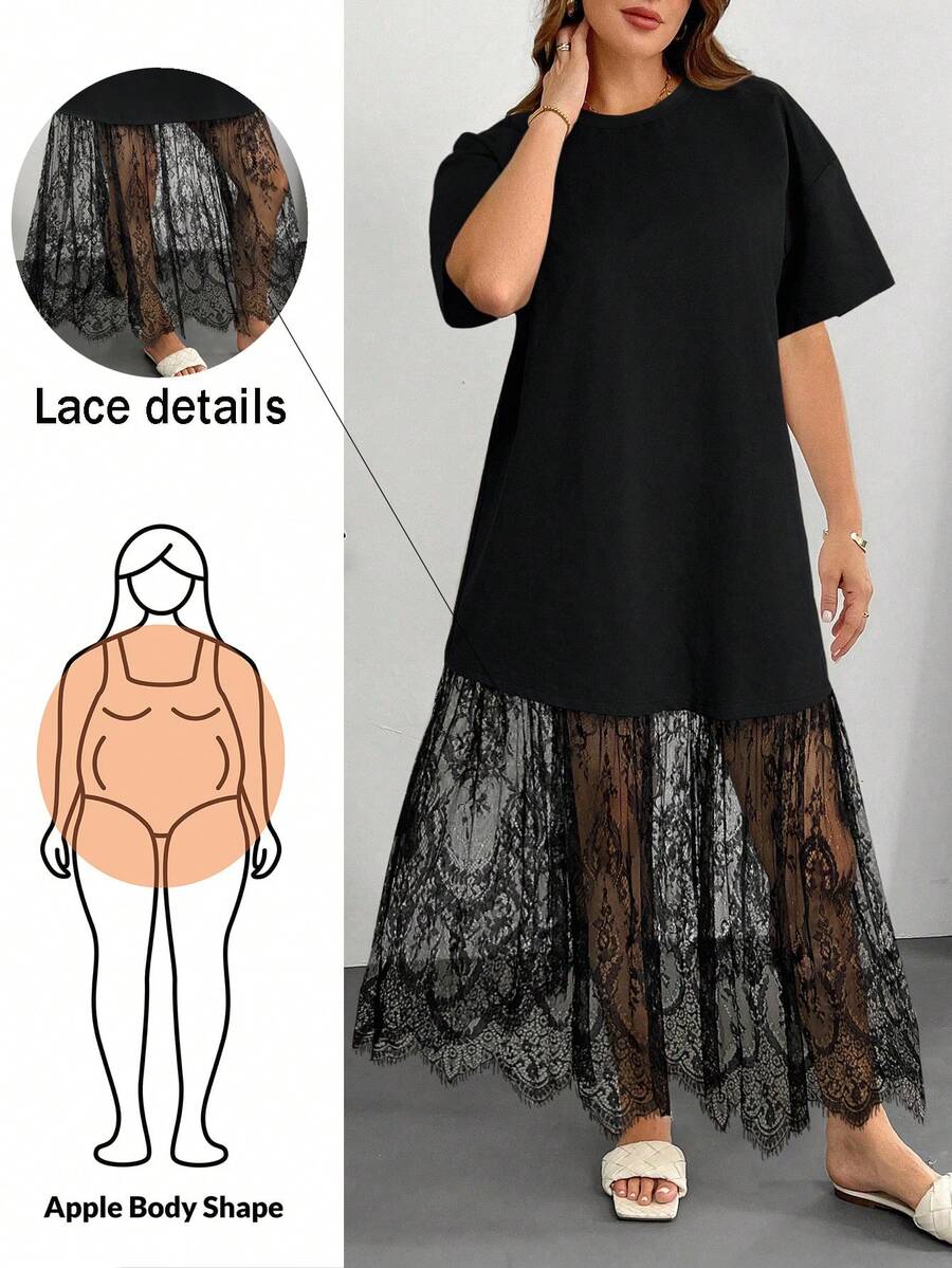 SHEIN Essnce Plus-Size Long Dress For Women, 2 In 1 Dress, Lace Patchwork Dress, See-Through Women's Dress, White Dress,Summer Dresses For Women Graduation Dress Birthday Dresses For Women Holiday Dress White Dresses Classy Elegant