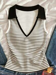 Glimmora Áo tank top kẻ sọc kiểu dáng thường ngày dành cho nữ, thích hợp cho mùa hè. - trắng - Xem 4