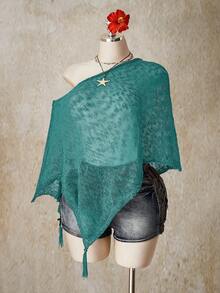 SHEIN ICON Plus Size Women Elegant Vacation Asymmetrical Shoulder Loose Knit Top - Blue - View 5