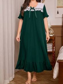 Trezura Robe midi confortable et décontractée de style rétro romantique de palais français, en tissu tricoté doux avec patchwork en dentelle blanche et nœud papillon vert foncé pour femmes grandes tailles - Vert sapin - Voir 6