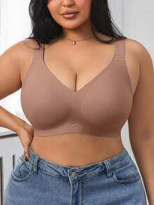 SHEIN 1件装女士简约舒适纯色果冻凝胶支撑型不可拆卸罩杯无钢圈加大码文胸 - 紅木色 - 查看 7