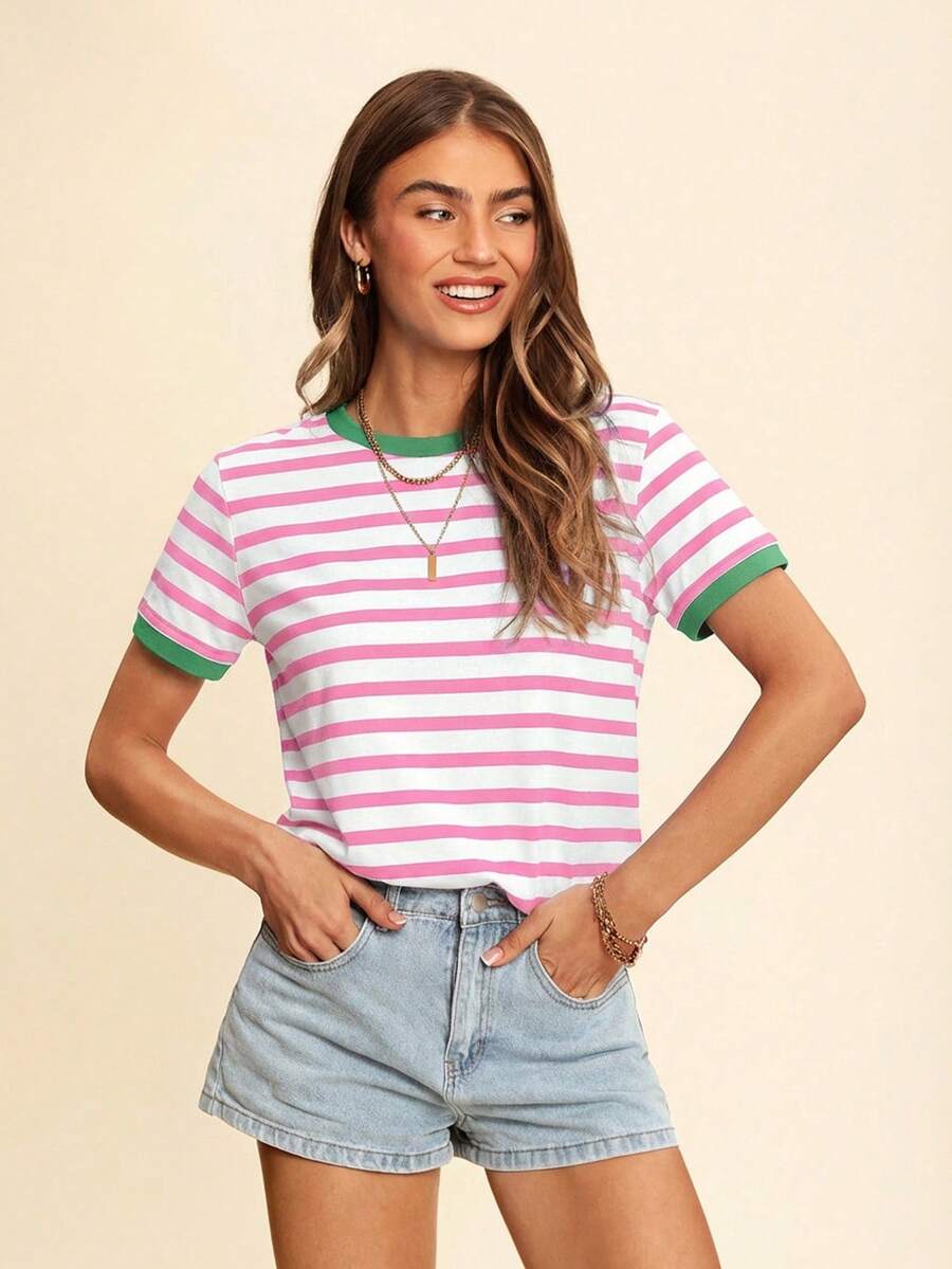 Casual Minimal Striped Pattern Round Neck Short Sleeve Loose T-Shirt For Women, Suitable For Summer - Multicolor - View 1
