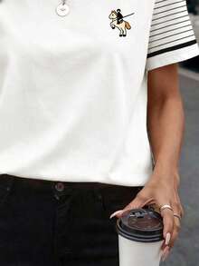 EMERY ROSE Women's Knight Print Round Neck Short Sleeve Casual Striped T-Shirt - White - View 3