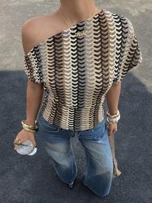 Siren Gaze Women's Striped Asymmetrical Shoulder Top, Spring/Summer,Summer Top - Multicolor - View 3