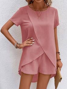 EMERY ROSE Women's Fashion Minimalist Asymmetrical Hem Shirt And Casual Shorts 2 Pieces Set - Dusty Pink - View 5