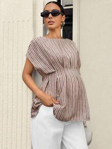 MaterniWear Áo sơ mi bà bầu thời trang, đa năng, kẻ sọc, cạp chun, thích hợp cho các chuyến đi chơi và du lịch. - Màu Khaki - Xem 5